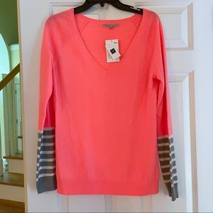 NWT coral GAP V-neck sweater with sequin detailed striped sleeves